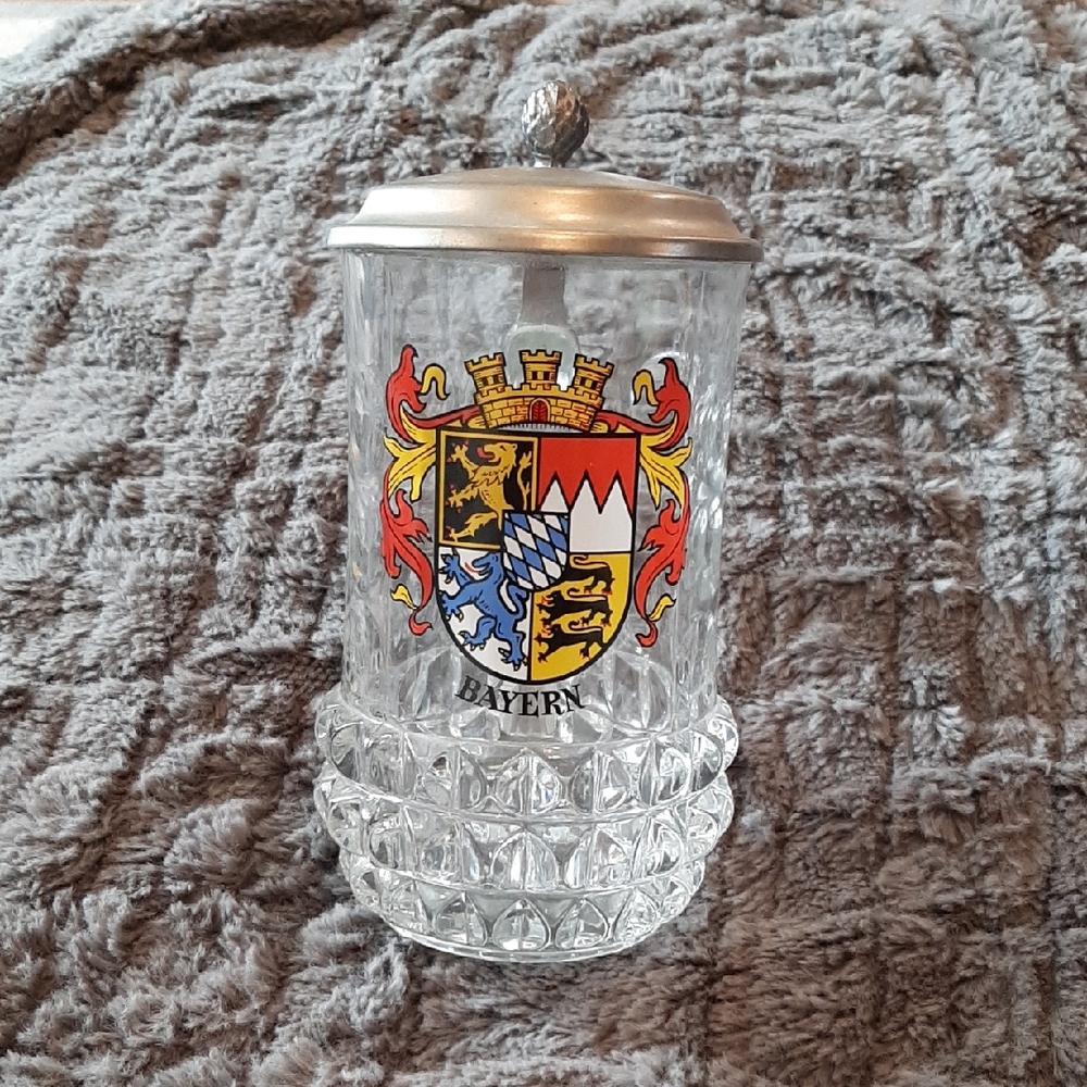 Bayern Glass Beer Stein with Colorful Crest
